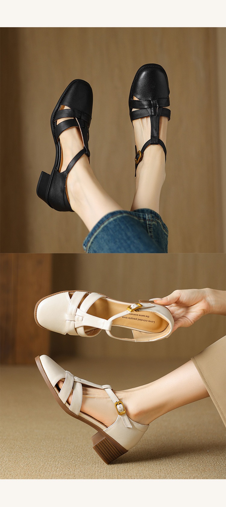 Sandal nữ quai chữ T da cừu rỗng gót xuồng 5 cm — Màu be chi tiết 9
