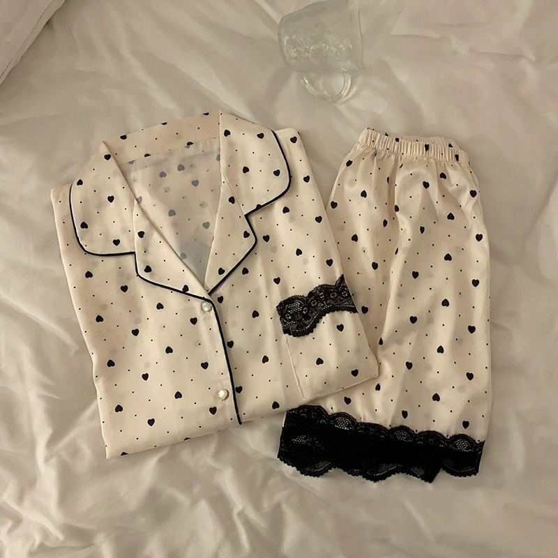 Korean high-grade ice silk spring and summer thin pajamas women's love cardigan can be worn outside home clothes women's suit wholesale Korean high-grade ice silk spring and summer thin pajamas women's love cardigan can be worn outside home clothes women's suit wholesale