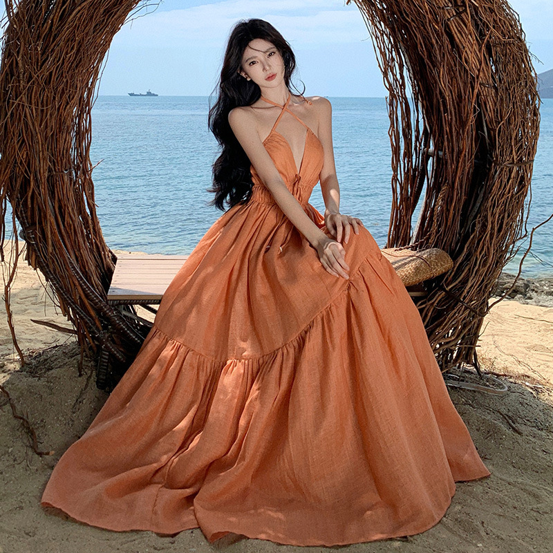 French Resort Style Halterneck Strappy Backless Dress Long Skirt to Ankle Extra Long Beach Skirt Long Elegant