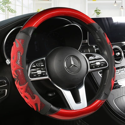 Car non-slip steering wheel cover carbon fiber massage men's suede handlebar protective cover D-type sweat-absorbent wear-resistant four seasons (Steering wheel cover) - 3d-honeycomb-massage-round-red-and-black-others