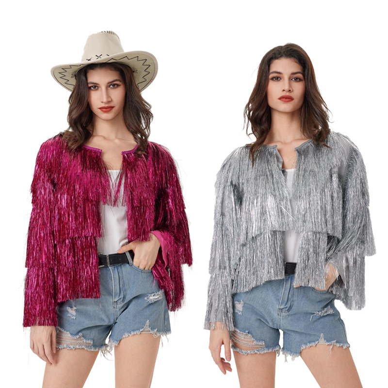 Cross-Border Amazon European and American Silver Tassel Long-Sleeved Jacket Foreign Trade Aliexpress Spring and Summer Halloween Cardigan Jacket for Women