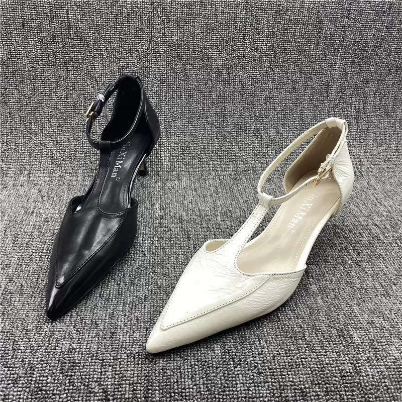 2023 Новые кожаные полые туфли с острым носком Женская обувь с пряжкой и ремешком на тонком каблуке Элегантные и удобные сандалии на низком каблуке