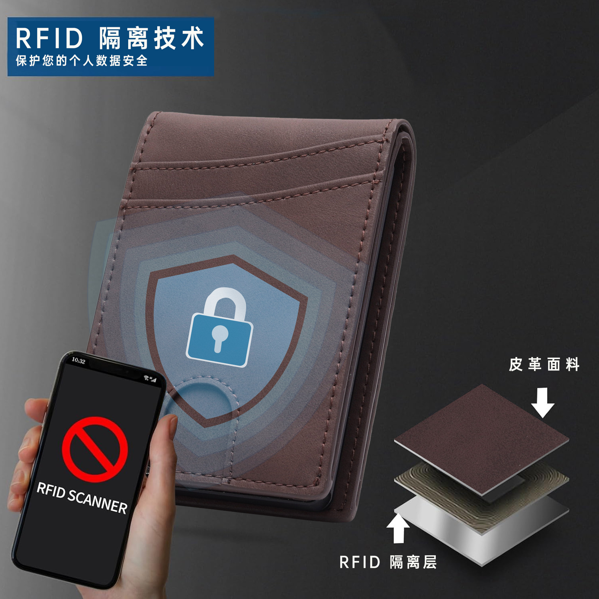 Cartera de piel de caballo loco multifuncional transfronteriza para hombre con posición de tarjeta múltiple caja de tarjeta de metal con tapa delgada billetera de hombre con cepillo antirrobo