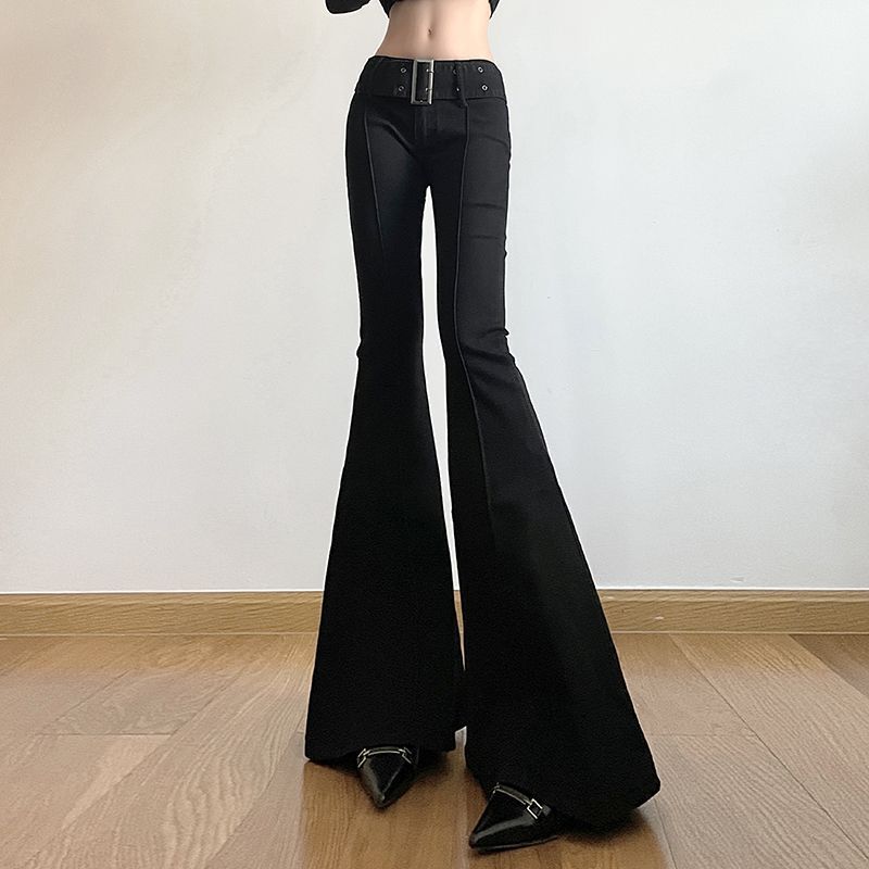 High-Waisted Black Flared Jeans for Women with a Buckle Belt, New Style, Slimming Straight-Leg Floor-Length Pants