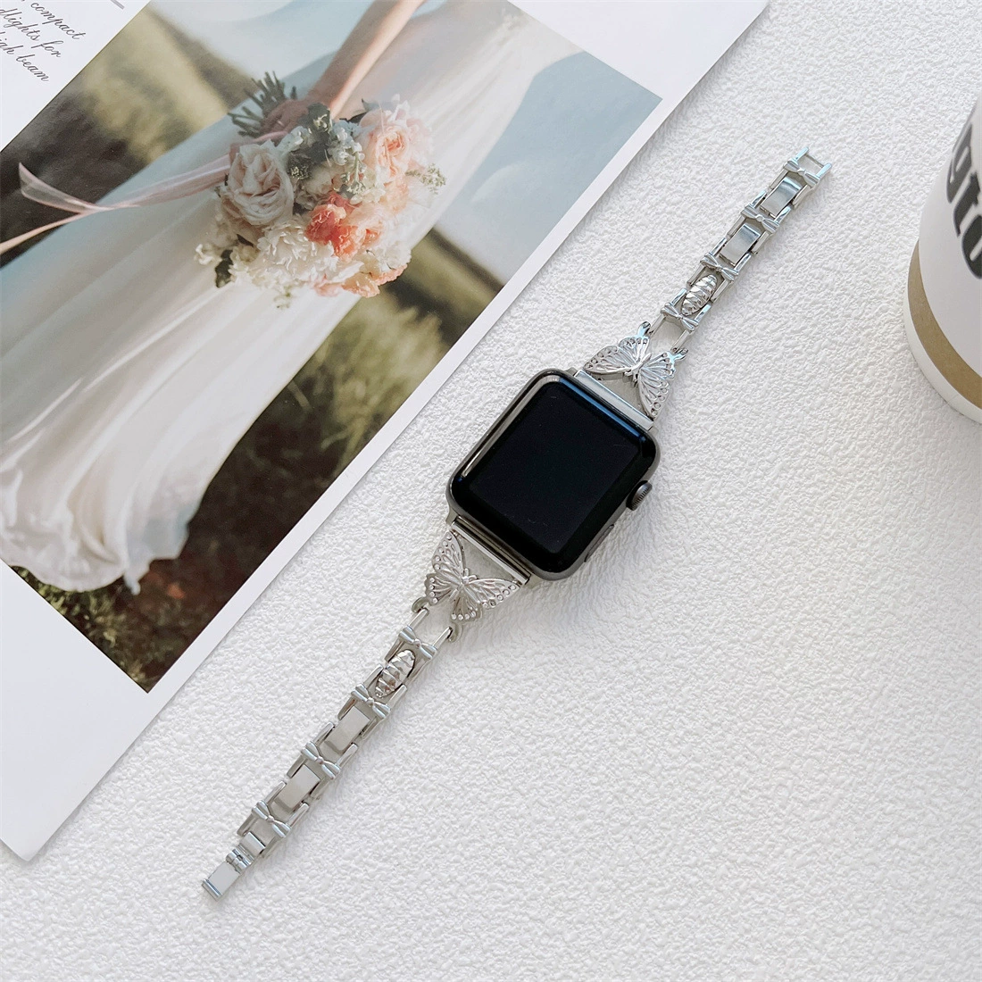Совместимо с Apple Watch SE, Apple 1–7 поколения, ремешок из металлической цепи в стиле бабочки Hermes H, модный