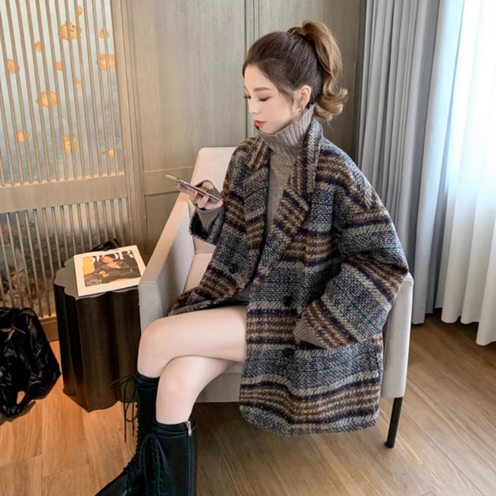 Trendy New Women's Blazer Autumn Winter 2025 Loose Petite Plaid Tweed Mid-Length Thick Wool Coat