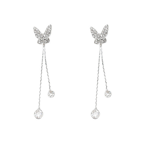 S925 silver needle micro-set exquisite asymmetrical fishtail earrings high-end design long tassel butterfly earrings stud earrings