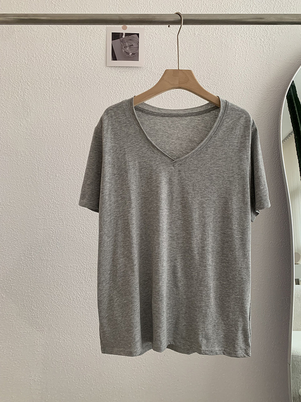 Omalai リラックススノーフレークテクスチャカールVネック半袖ルーズTシャツトップスルーズスリミング無地4103|undefined