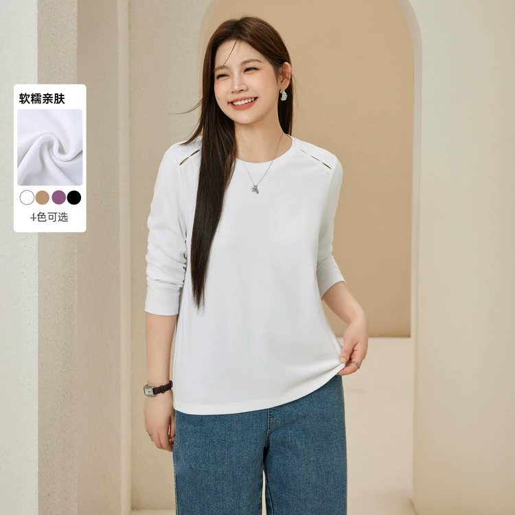 [Мягкая клейкая маска для кожи T] Слепое шоу большой размер женская простая повседневная футболка с длинными рукавами жирная мм2024 осенняя новая