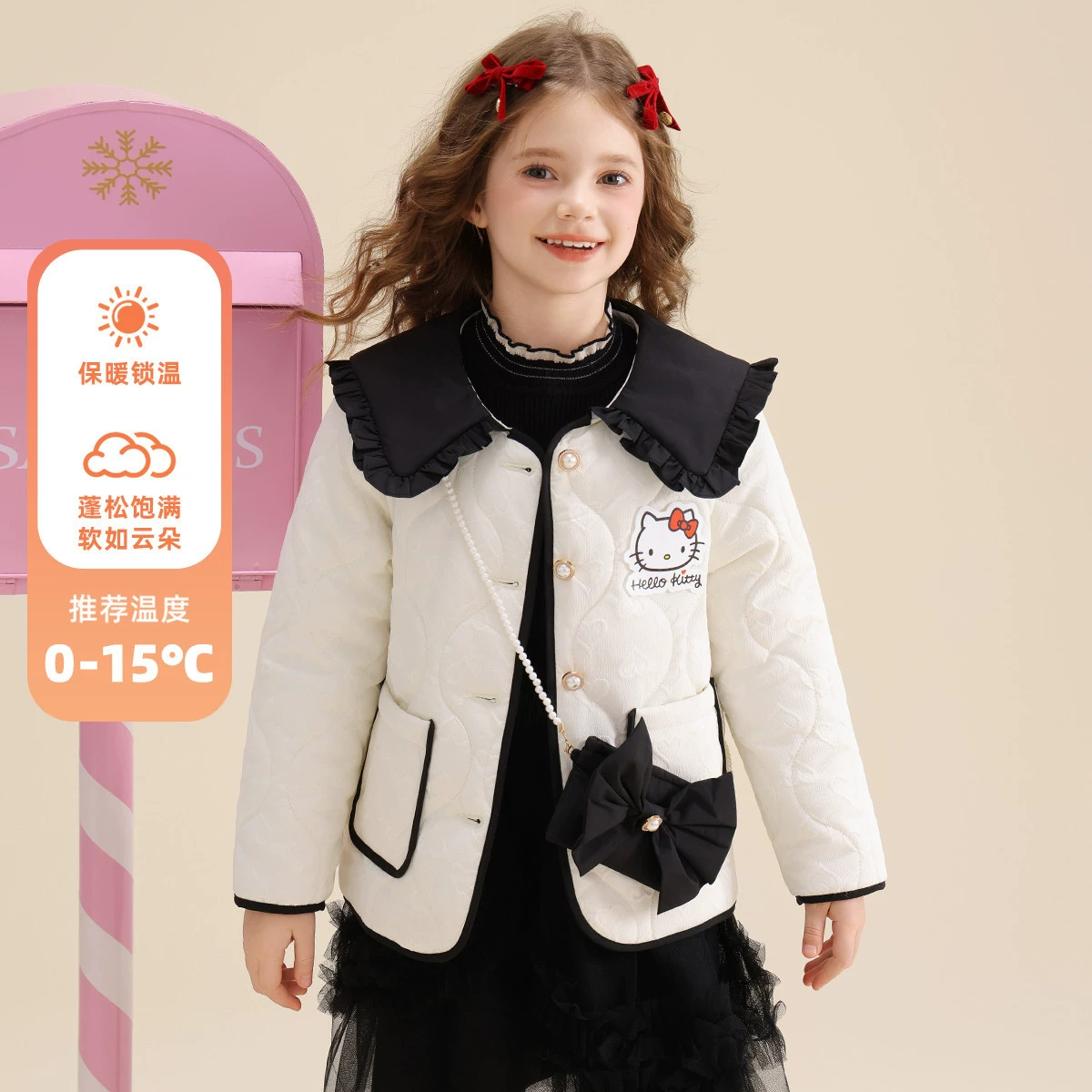 HelloKitty Детская зимняя хлопчатобумажная куртка 2024 новый отворот легкий теплый волнистый стеганый хлопок для тепла и комфорта