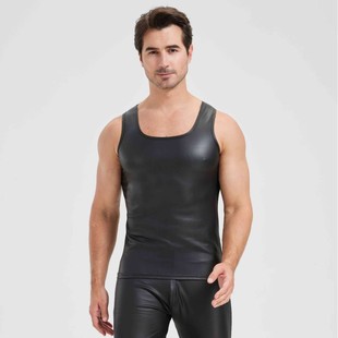 European and American Cross-Border Men's Sexy Matte Leather Vest Bright Leather Sleeveless T-Shirt Bodysuit Stage Ds Performance Clothing