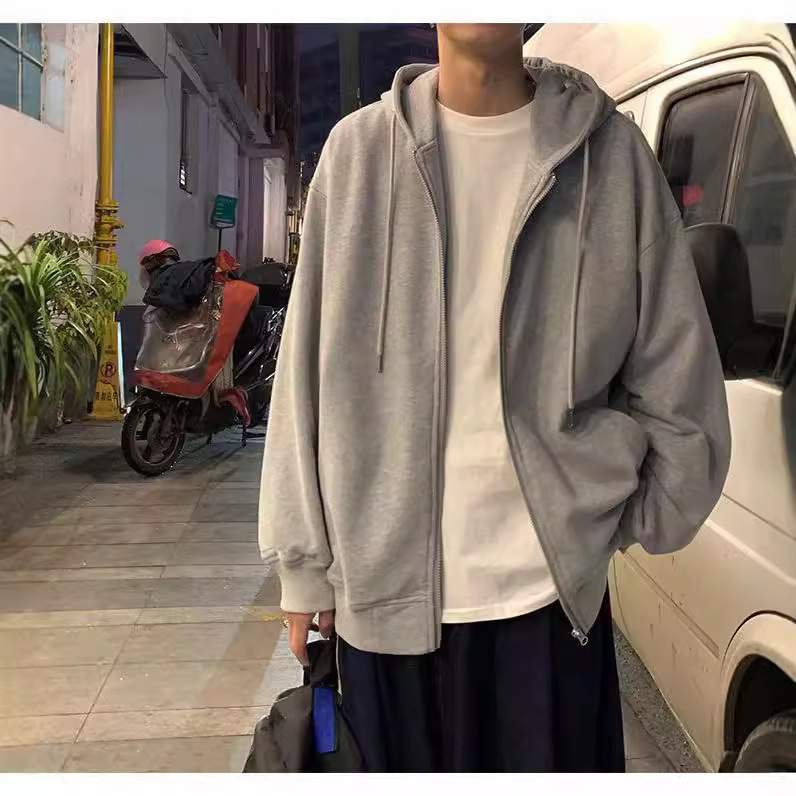 Hooded Sweater Jacket Men's Spring and Autumn New Hong Kong Style Loose Casual Top Clothes Simple Trendy Solid Color Cardigan Jacket