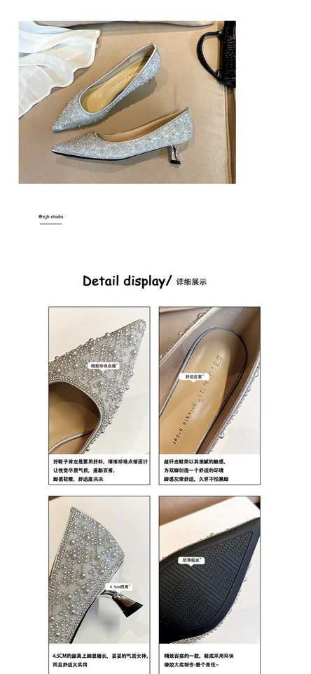Giày cao gót mũi nhọn đính pha lê sang trọng gót 4,5–6,5 cm — Màu mơ 6.5cm, Màu sâm panh 6.5cm, Màu xám bạc 6.5cm, Màu mơ 4,5 cm chi tiết 7