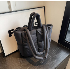 2024新款棉服女包簡約百搭休閒純色柔軟方格大容量單肩手提包跨境