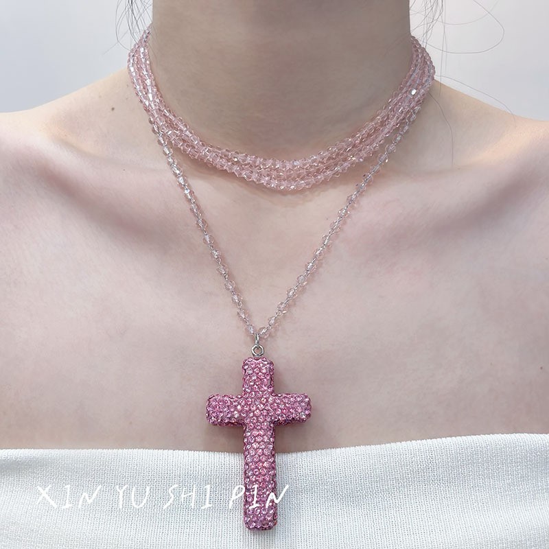 甜酷风十字架项链女辣妹粉色串珠多层毛衣链轻奢气质高级感颈链|undefined