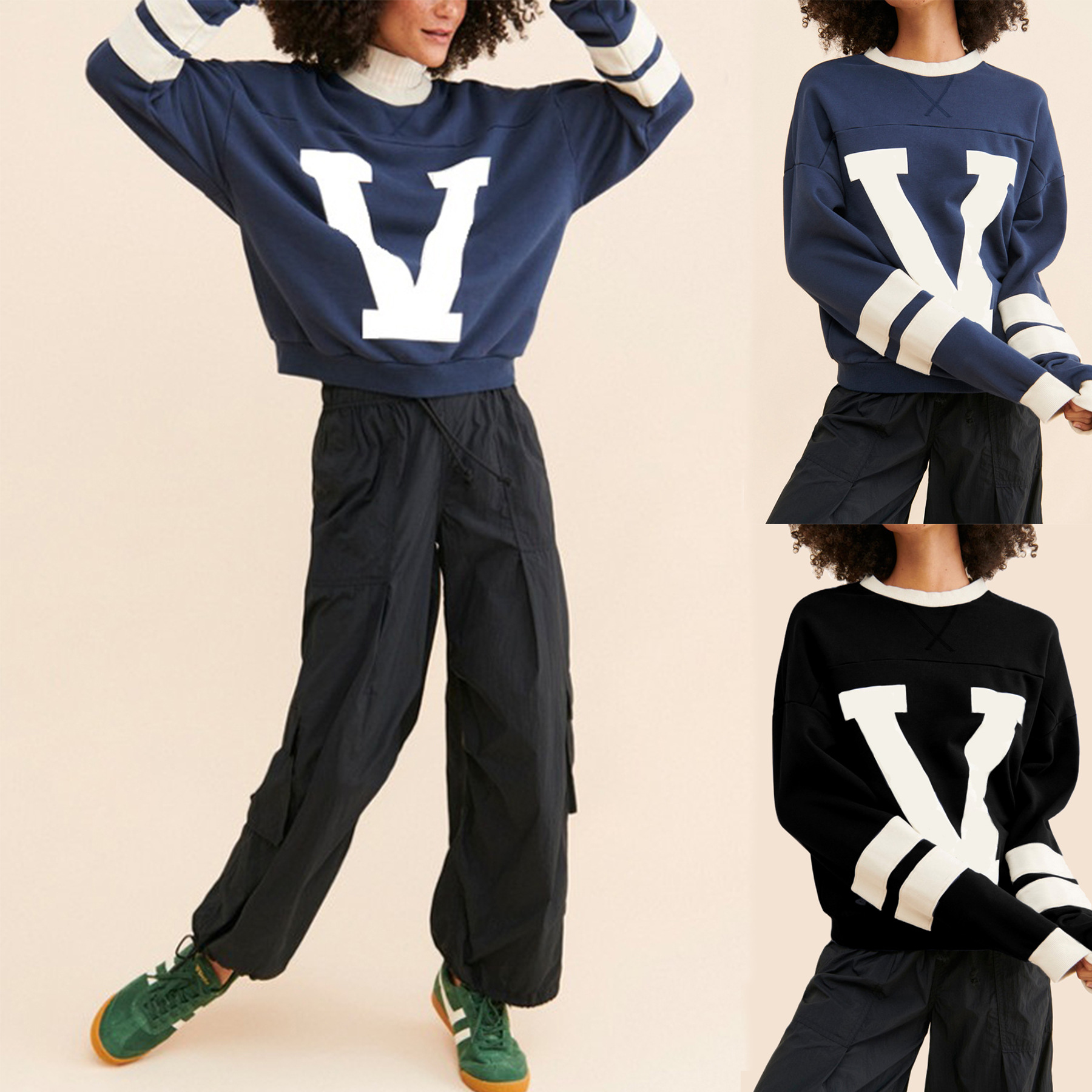 Women's Clothing women's clothing street personality contrast color letter print sweater loose versatile pullover sweater_voghion.com