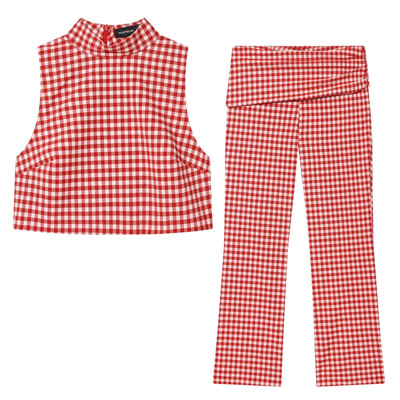 Sleeveless High-Neck Plaid Crop Top 2180039 Mid-Waist Small Plaid Capri Pants 4661418 Set