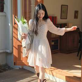 现货 韩国chic法式甜美气质V领碎花收腰显瘦泡泡袖小个子连衣裙
