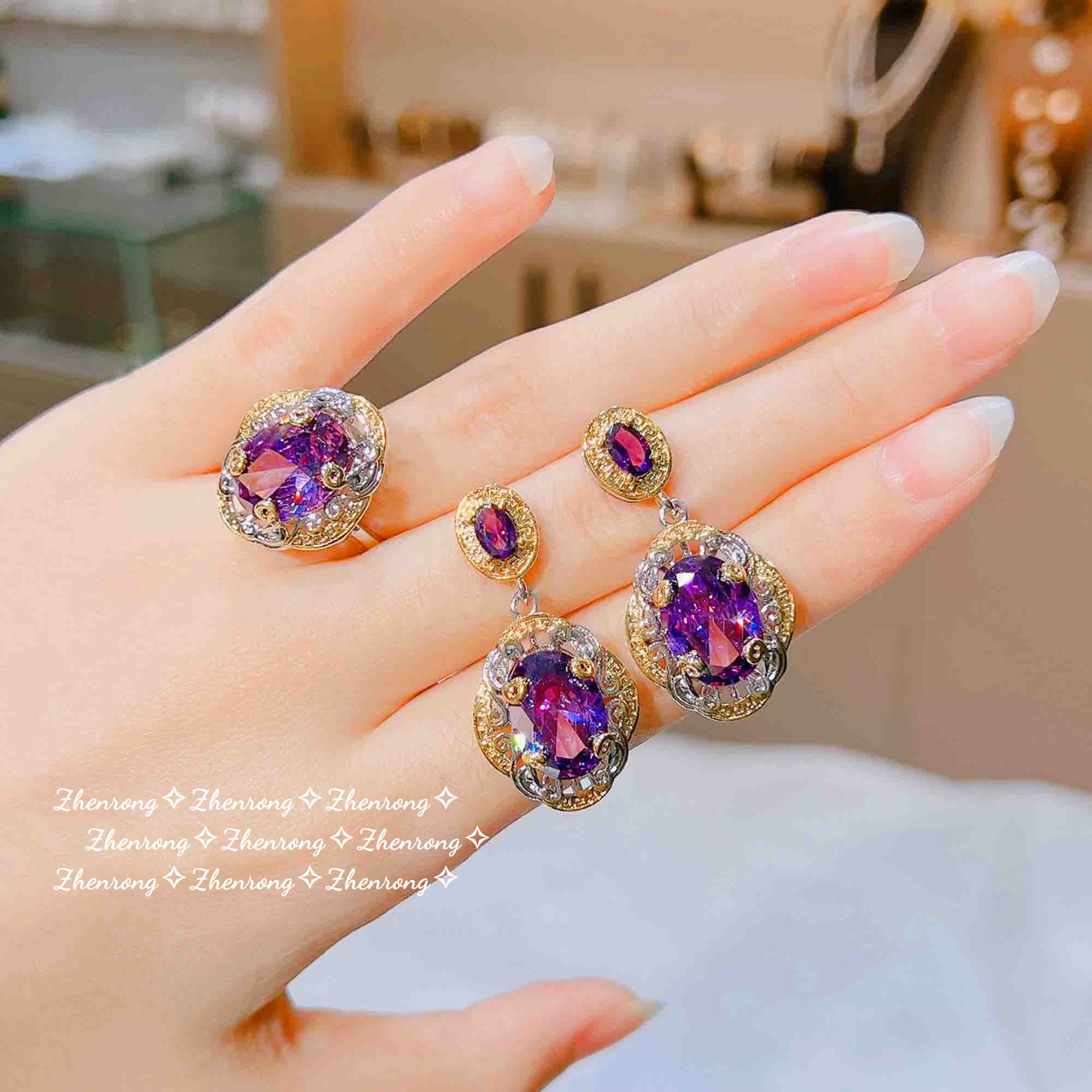 Traje de diamante púrpura artesanal en tono dorado retro italiano colgante de amatista oro de doble color anillo abierto pendientes coloridos del tesoro