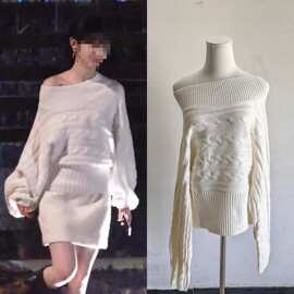 长期现货2026春天才女友田曦薇同款一字领斜肩灯笼袖毛衣宽松上衣