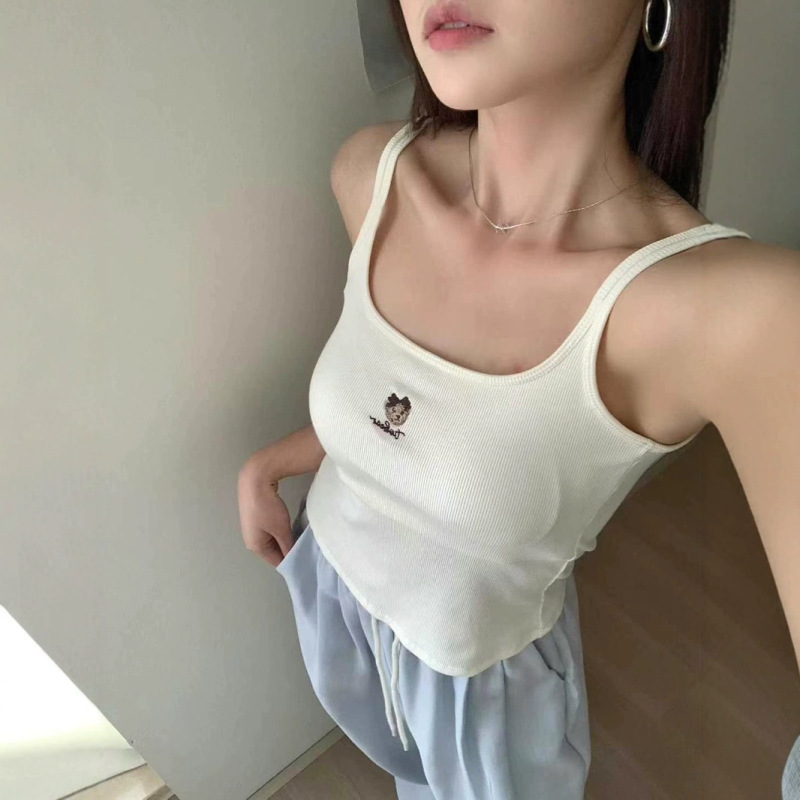 3113 Cute Puppy Cartoon Embroidered Camisole for Women 2025 New Summer Outer Wear with Breast Pads Hot Girl Short Style