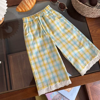 【现货】CK262625儿童裤子2026春季新品蕾丝花边裤脚格纹阔腿裤女
