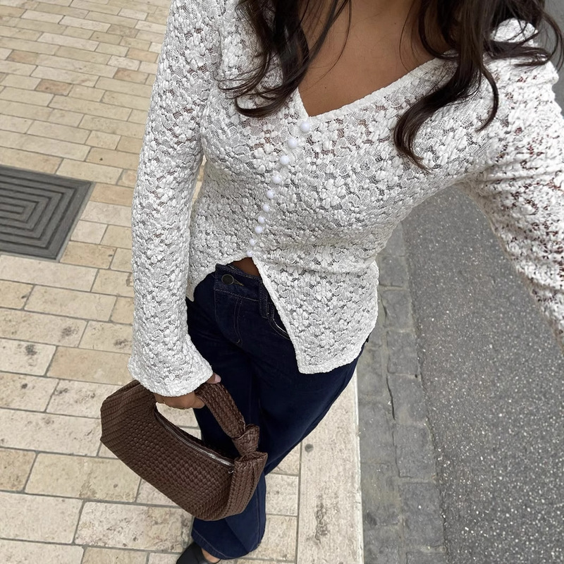 2025 New European and American Style Lace Cut Out Bottoming Top Pearl Button Slit Tight Bell Sleeve Long-Sleeved T-Shirt for Women 2025 New European and American Style Lace Cut Out Bottoming Top Pearl Button Slit Tight Bell Sleeve Long-Sleeved T-Shirt for Women