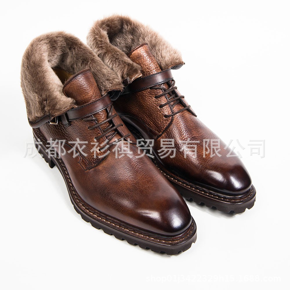新款圓頭前系帶毛口低筒英倫風粗跟低跟男士靴子跨境大碼