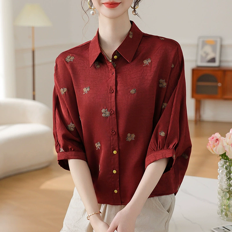 2025 летний новый стиль среднего и пожилого возраста рубашки с вышивкой темперамент мама топ с семью рукавами модный кардиган большого размера