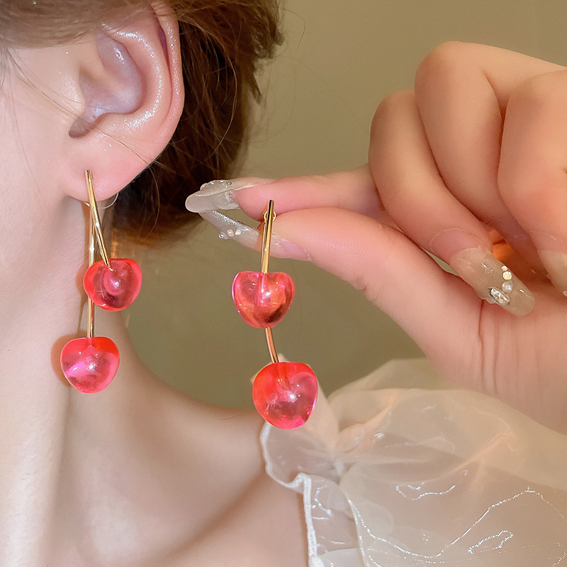 11g Weight 925 Sterling Silver Ear Needle Material Drop Earrings Classification 1 Pair Quantity Holiday, Daily Occasion Resin, Copper Material Cherry Pattern Women's Gender Cute, Sweet Style 1 Pair Cute Sweet Cherry Resin Copper Drop Earrings 8