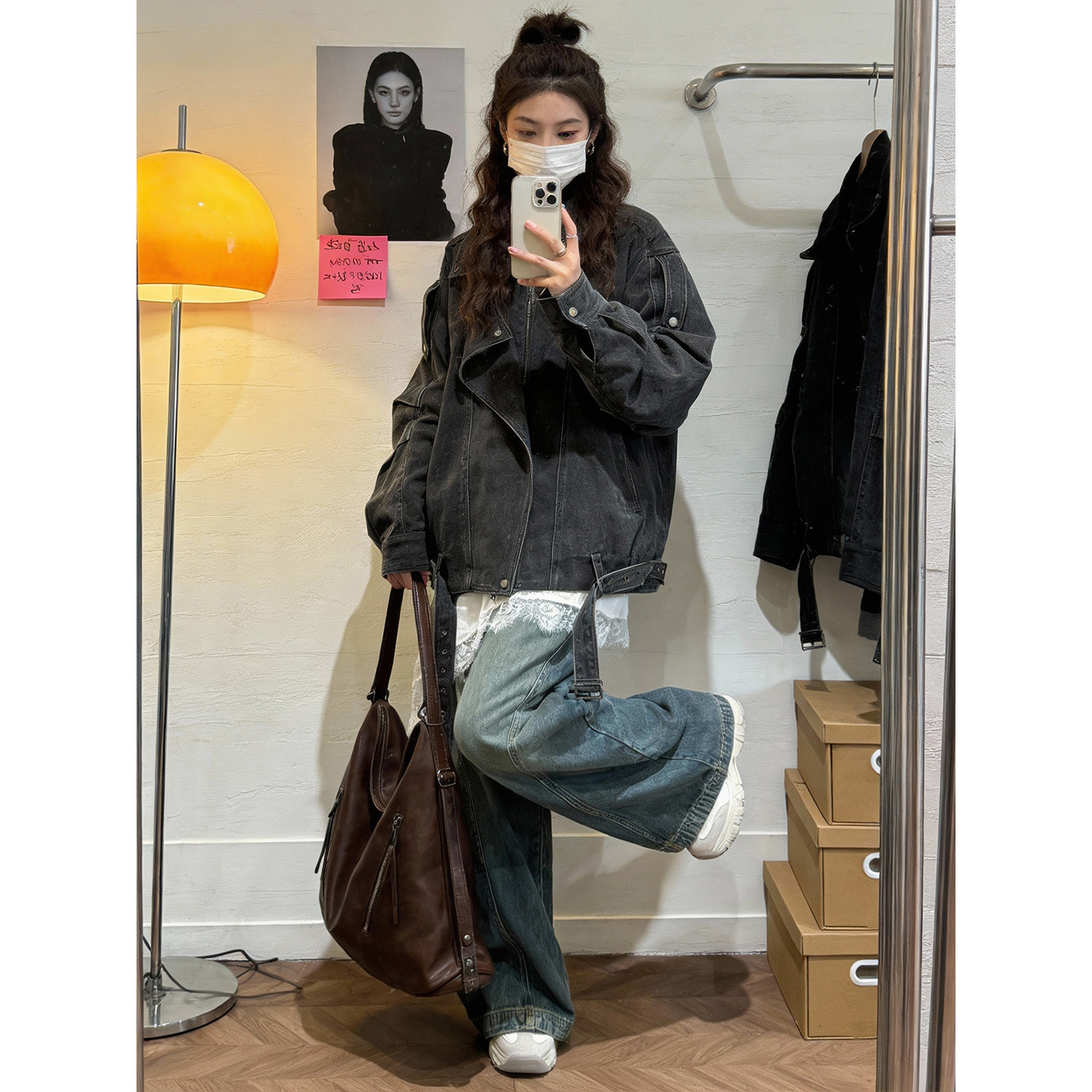 New early spring women's American retro distressed washed work jacket top, loose lapel, long sleeves, short coat