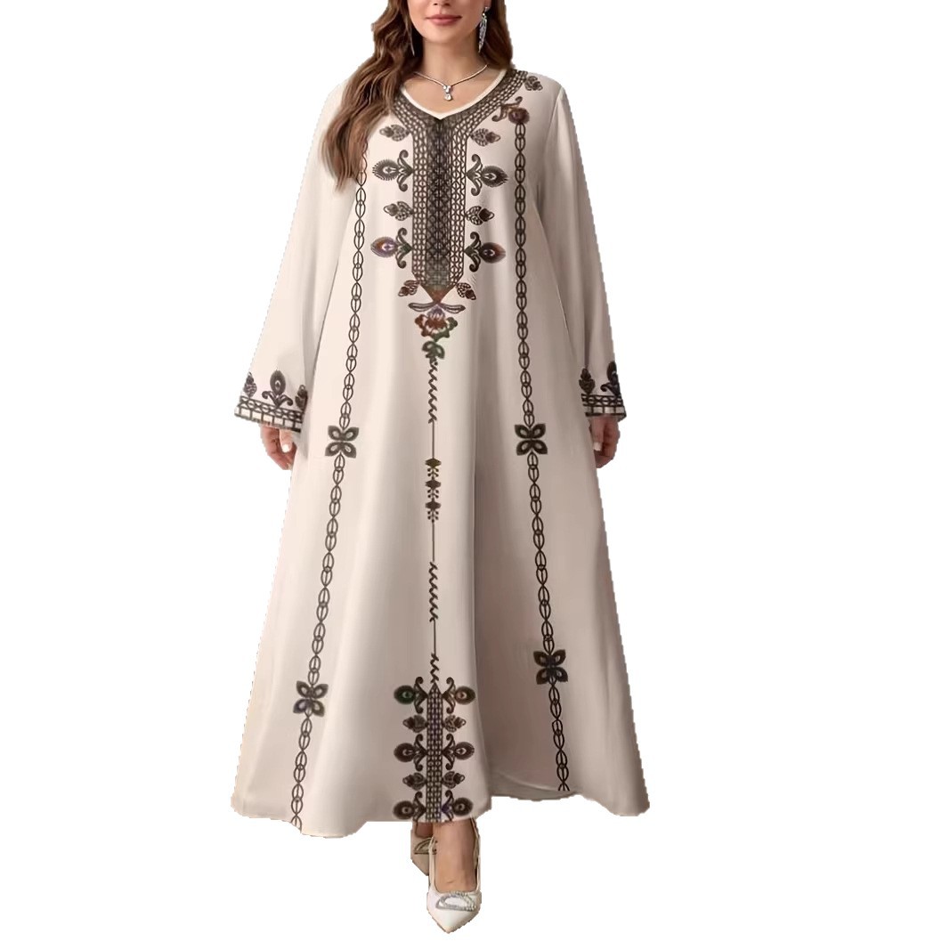 Middle Eastern Cross-border Muslim Women's V-neck Printed Loose Elegant Robe Ethnic Style Long-sleeved Dress Custom-made_ecoleips.com