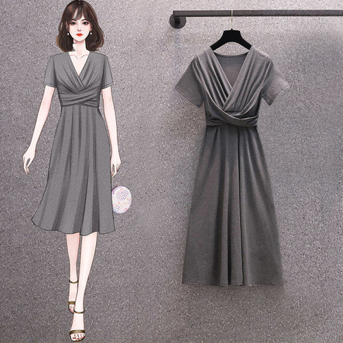 Women's Large Size Summer 2025 Charming Slimming Stylish Pleated Solid Color Simple Medium Length Dress