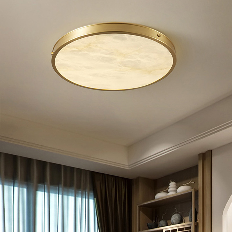 Simple Round Light Luxury Entrance Lamp New Chinese Style Marble Study Room B&B Bedroom Dining Room All-Copper Villa Master Bedroom Lamp