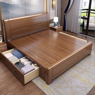 Gold Silk Walnut Solid Wood Bed Bedroom Modern Chinese Double 1.8m Queen Bed Single Bed 1.5m Storage Drawer Bed