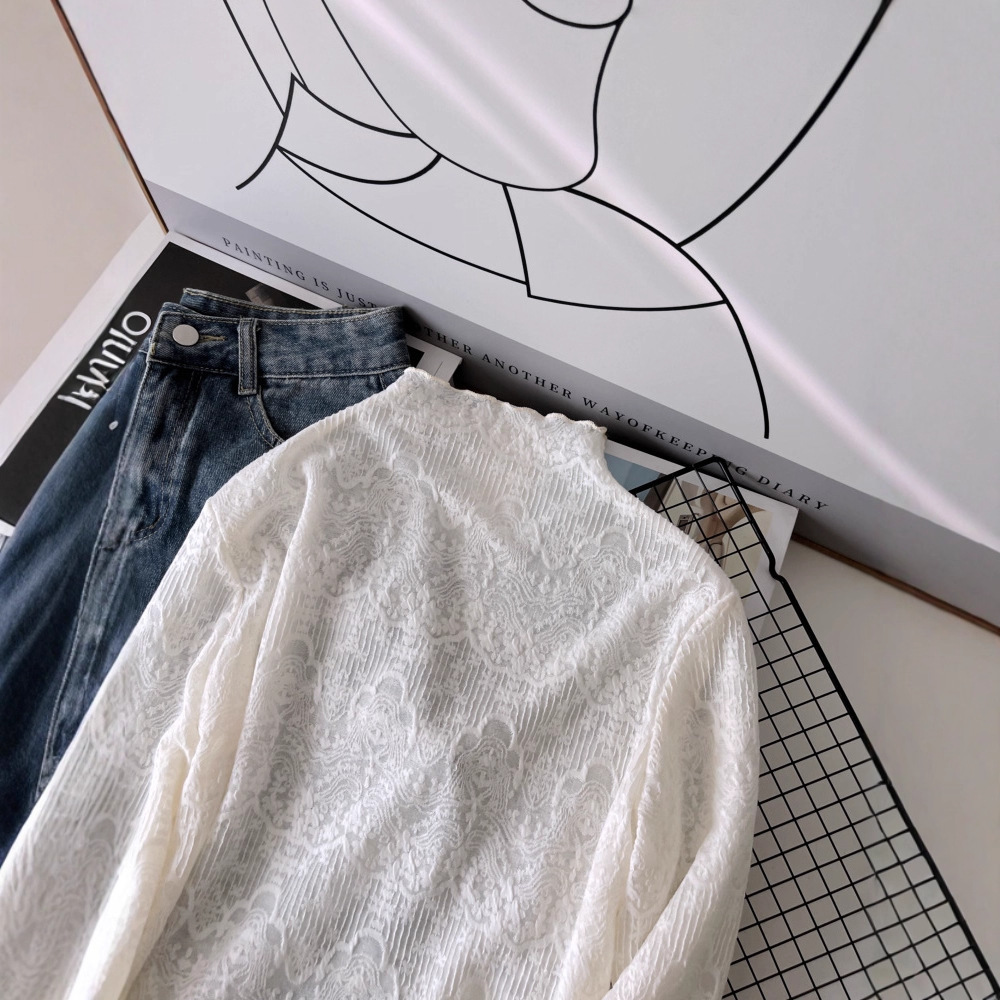 Lace Bottoming Shirt for Women 2025 New Pure Color Small Fragrance Style Inner Wear Autumn and Winter Half Turtleneck Mesh Black Top 6556