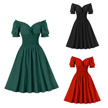 亚马逊圣诞节小黑裙女一字领性感气质欧美时尚大摆连衣裙3252优雅