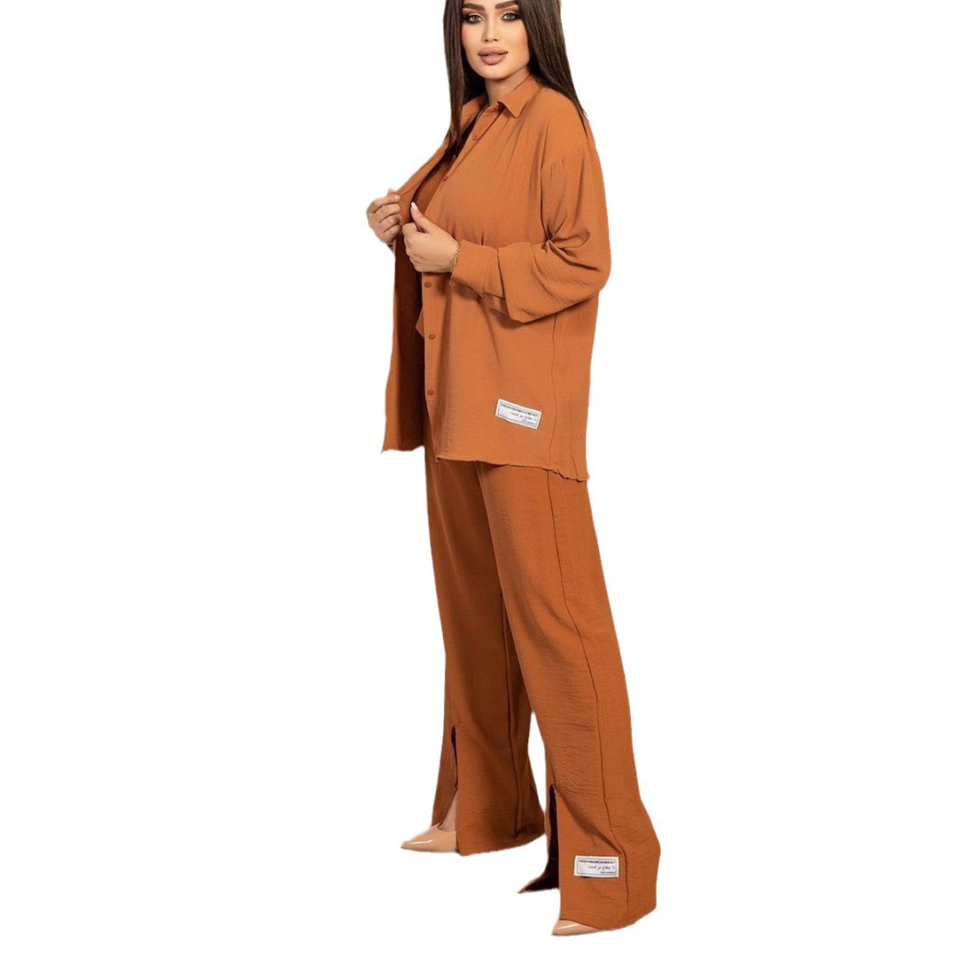 GraceChic Dreiteiliges Set, sofort lieferbar, Naher Osten, Grenzüberschreitend, Arabisch, Herbst 2024, Neue Mode, Ärmelhemd, Weste, Lange Hose_voghion.com