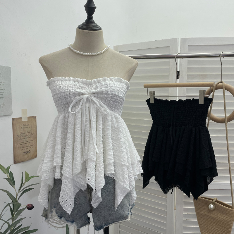 Real-life Holiday Style Tube Top Lace-up Bow Irregular Skirt Loose Slimming Short Sleeveless Top 9568 Real-life Holiday Style Tube Top Lace-up Bow Irregular Skirt Loose Slimming Short Sleeveless Top 9568