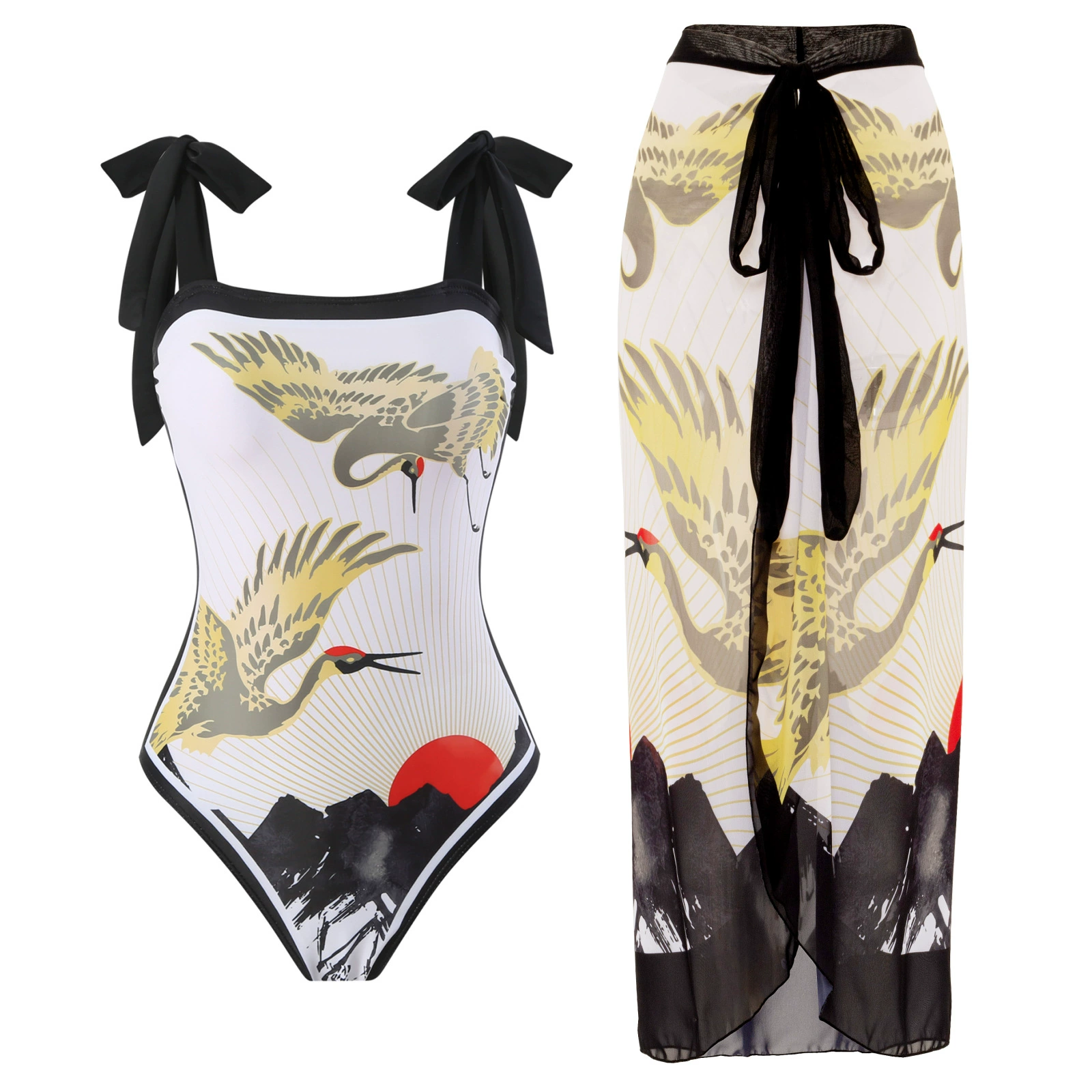One-Piece Swimsuit (Qiao Jiayuan) 2025 Retro Style with Wrap Skirt, Crane Print, S–XL & One Size