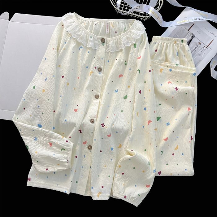 Al por mayor transfronterizo nubes de algodón adorable oso conjunto de pijamas de mujeres de otoño pantalones de manga larga cuello redondo ropa casual de encaje