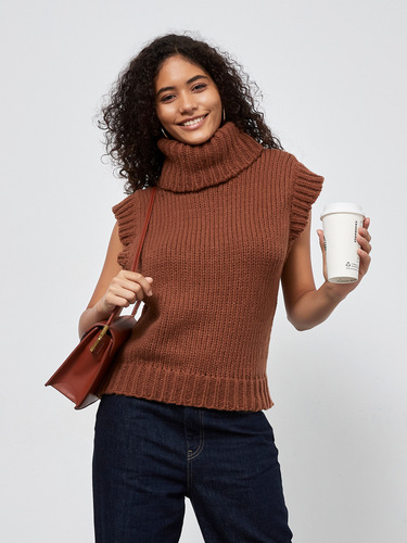 Women's Western Style Fashion High-Neck Knit V-Neck Top for Autumn and Winter Sleeveless Sweater as Innerwear