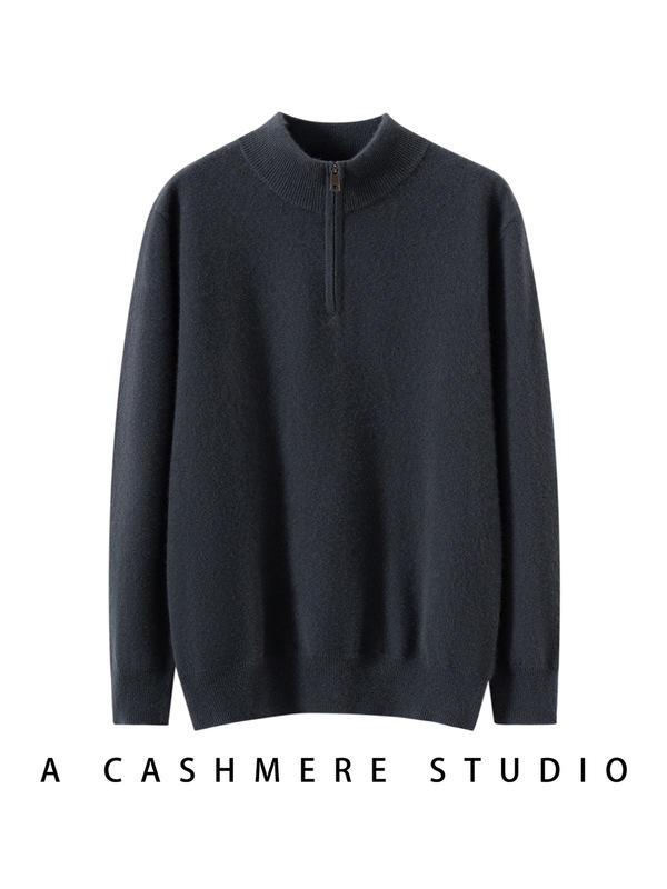 100% Baby Cashmere Men's Autumn and Winter New High-End Zippered Half-Turtleneck Solid Color Business Casual Sweater Knitwear