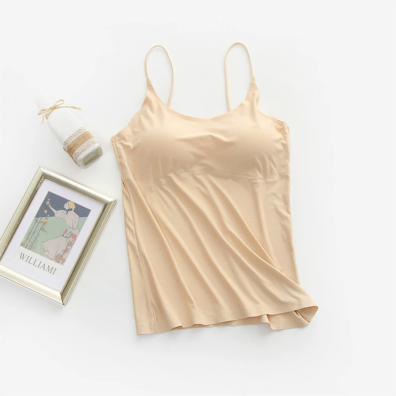 Бесшовная топик camisole из шелка-льда, вкладыши с фиксированными чашками, дышащий красивый спина жилета