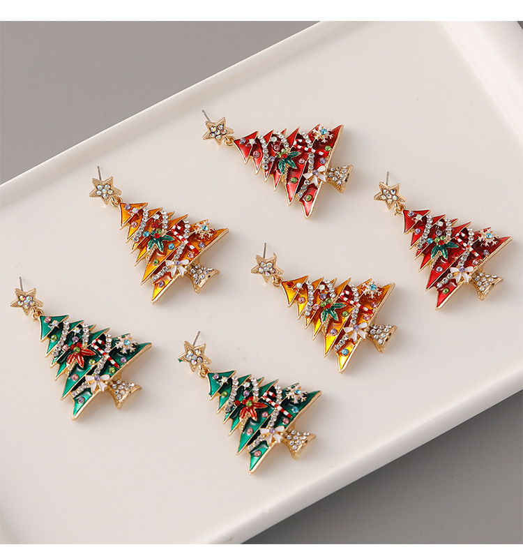 Christmas tree earrings for women niche design fashionable exquisite Christmas earrings alloy oil drop diamond high end earrings_voghion.com