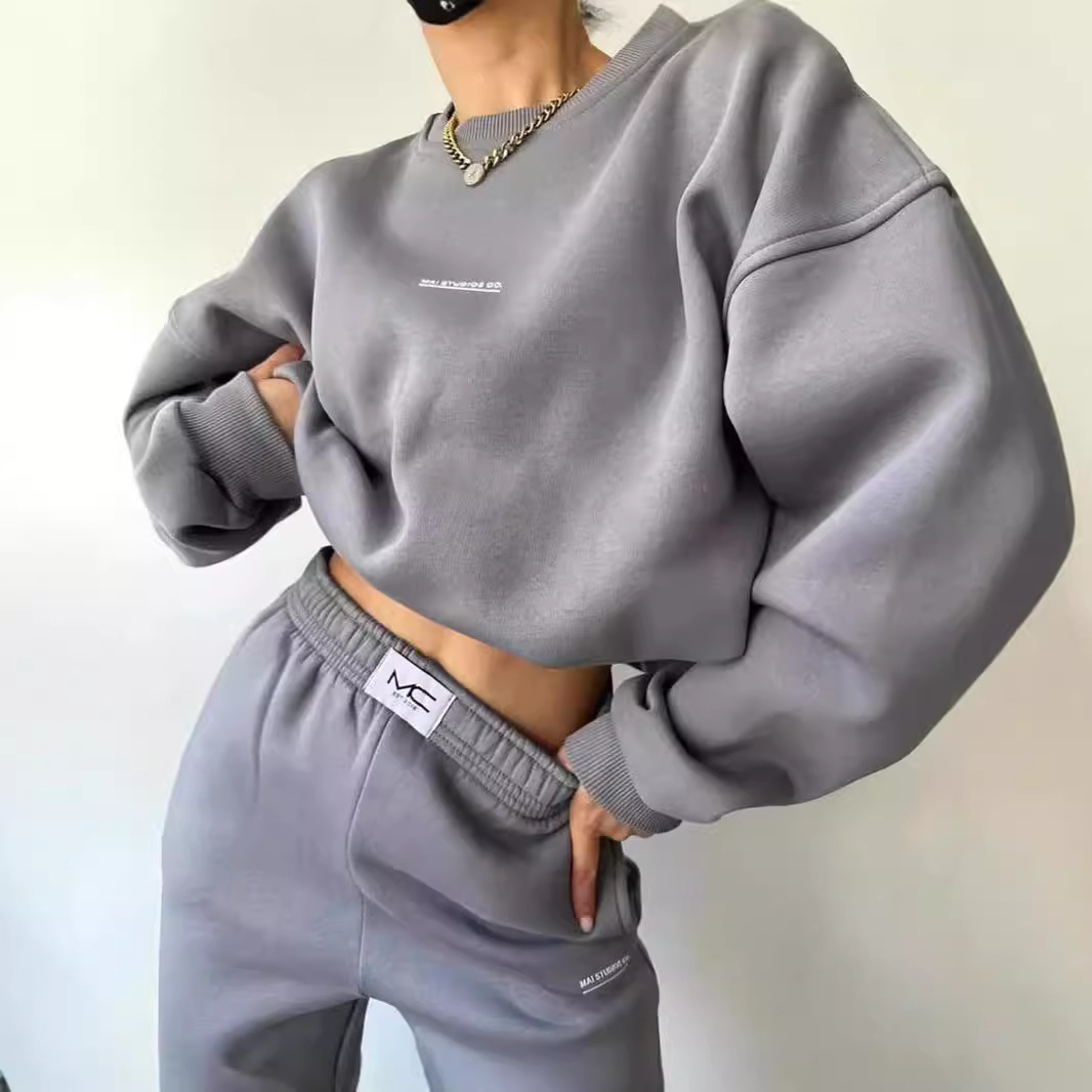 Damkläder ny kostym långärmad rundhalsad casual sweatshirt elastiska sportbyxor tvådelad kostym_voghion.com