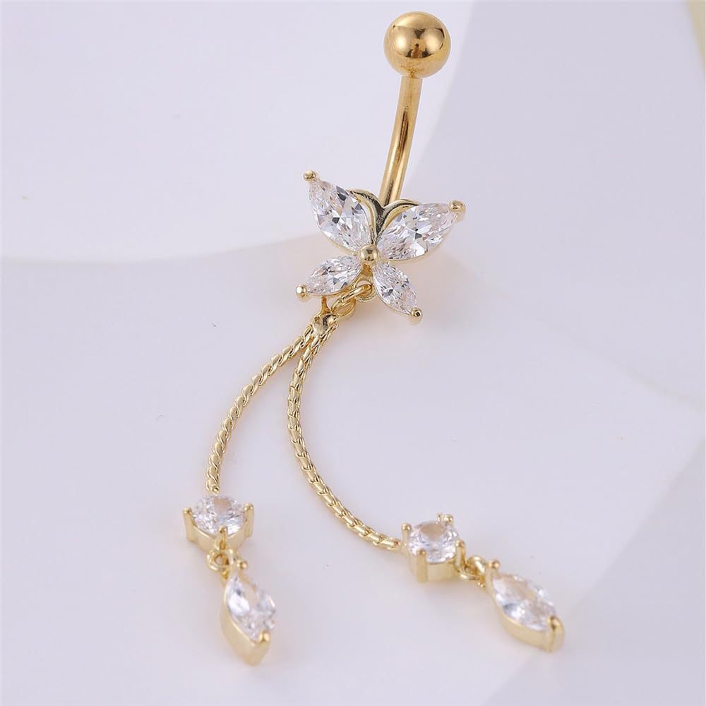 Bague de piercing nombril simple en zircon, ornée de pierres incrustées, papillon et cœur. Vente en gros de clous de nombril. Facile à porter._voghion.com