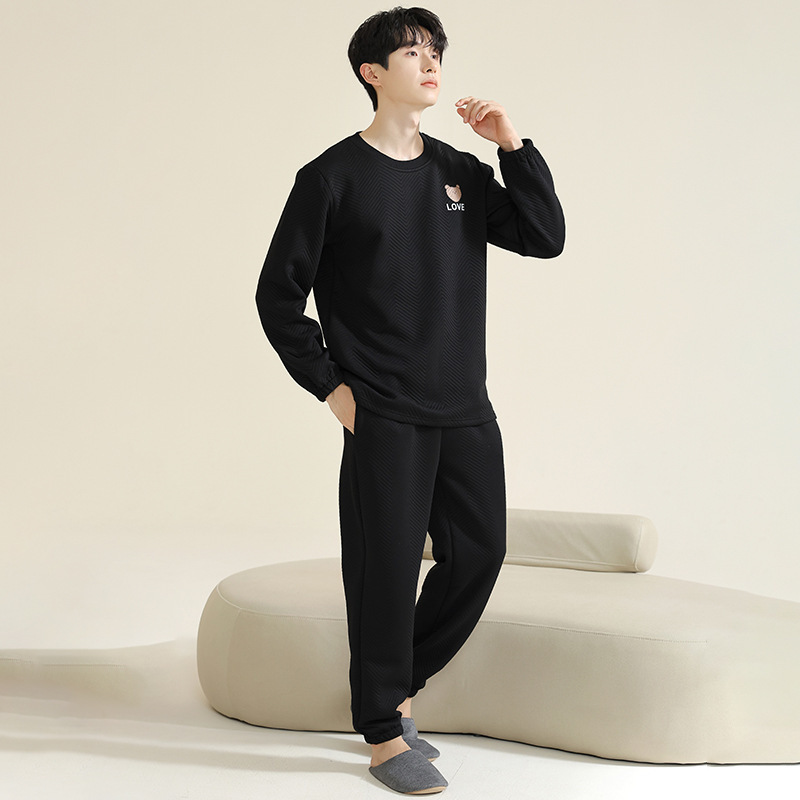 젊은이와 중년층을 위한 가을 겨울 에어 샌드위치 남성용 새로운 두꺼운 잠옷 플러스 사이즈 간단한 스포츠 스타일 가정복 세트
