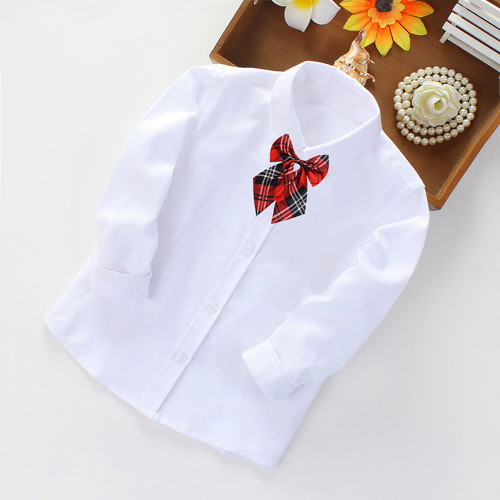 Children's white shirt, girls' long-sleeved top, middle child June 1st performance uniform, base white blouse, primary school uniform