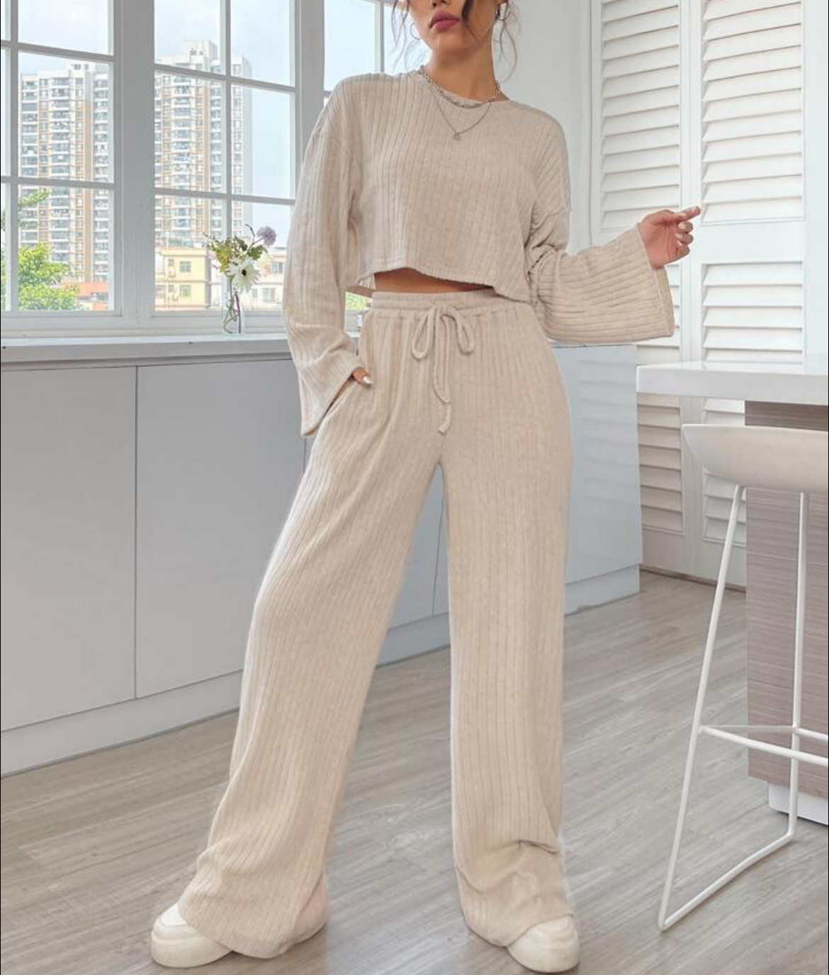 Herbst und winter neue casual hause tragen gestrickte lange ärmeln frauen anzug_voghion.com
